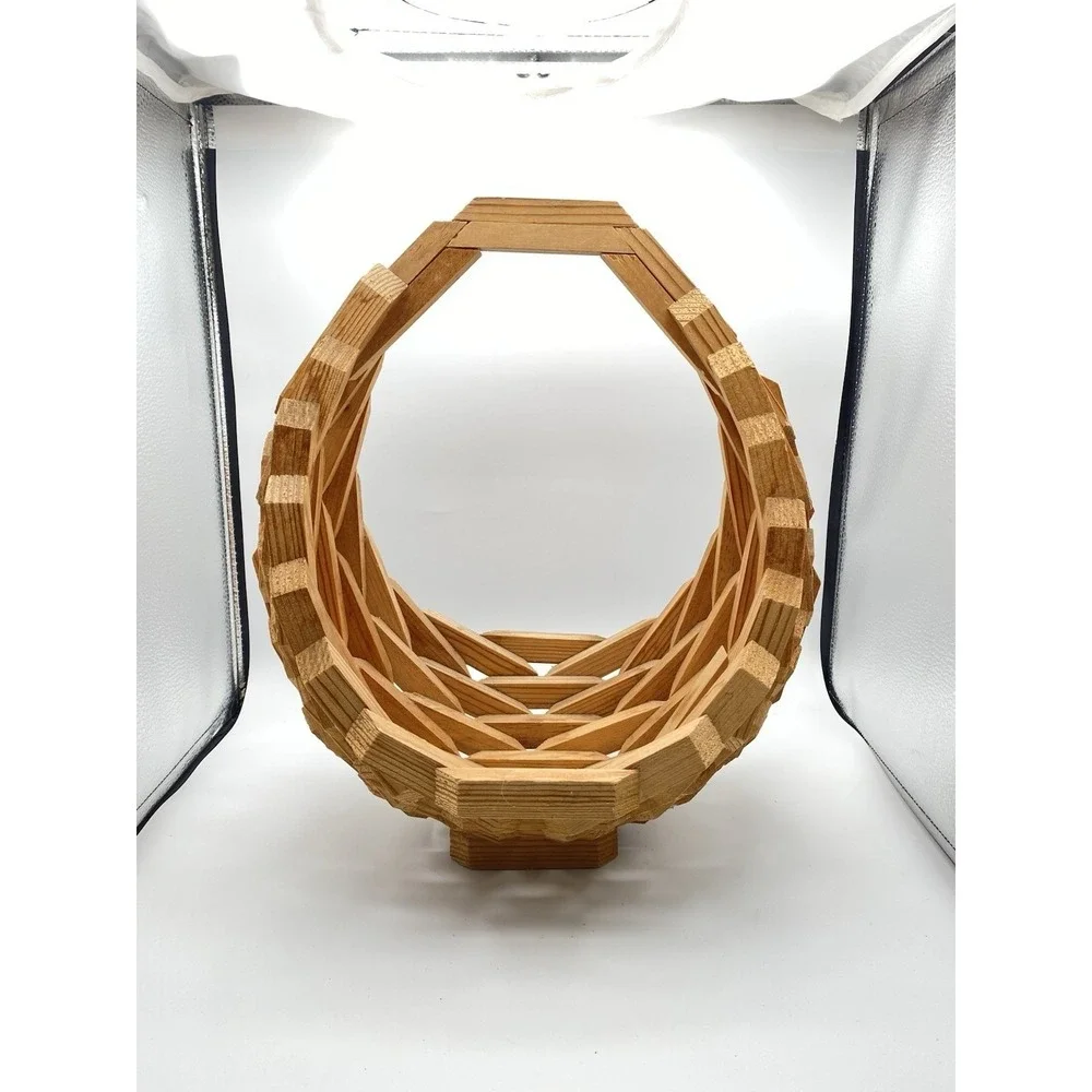 Vintage MCM Handmade Wood Geometric Block‎ Basket Bowl Mid Century Decor